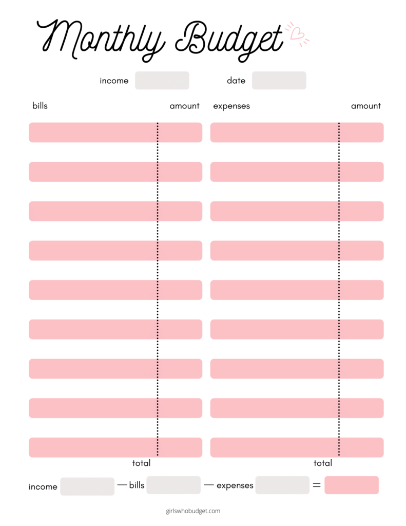 free budget worksheet printable